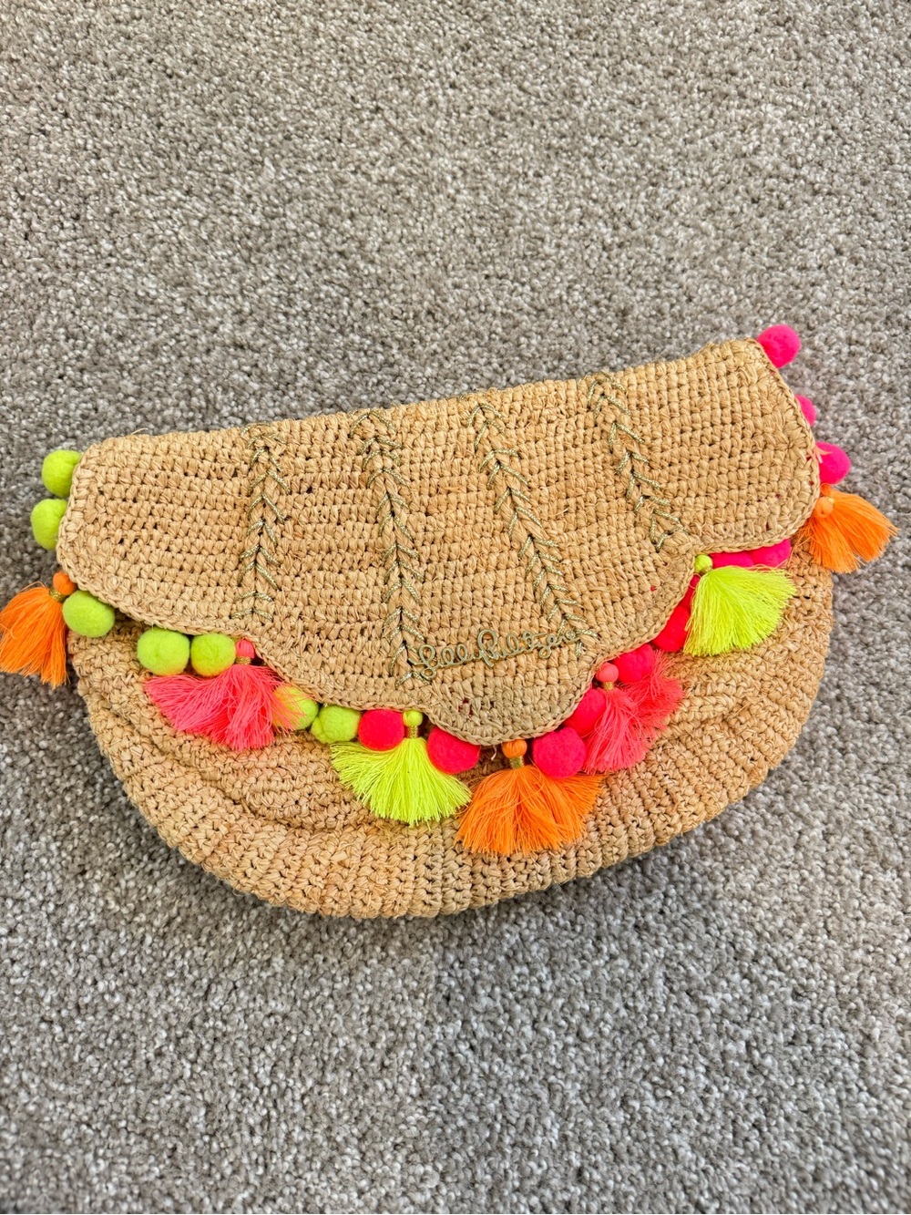 Lilly Pulitzer Woven Straw Clutch with Neon Tassels